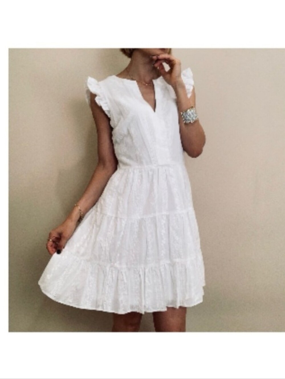 NWOT Laundry By Shelli Segal White Dress Size 14 Flutter Cap Sleeve A-line